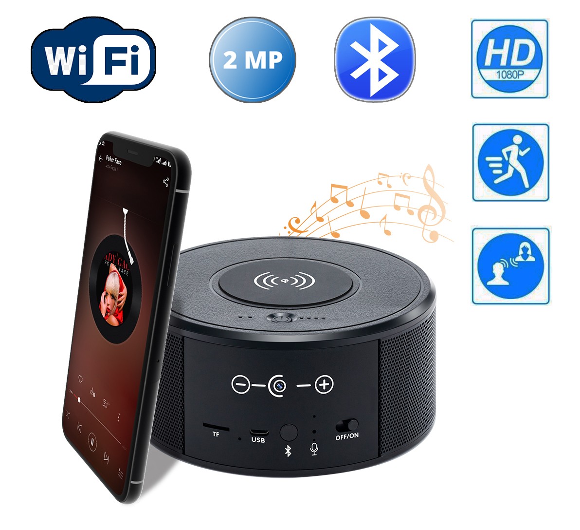 WiFiフルHD + IRナイトビジョン+ワイヤレス充電器付きBluetooth 