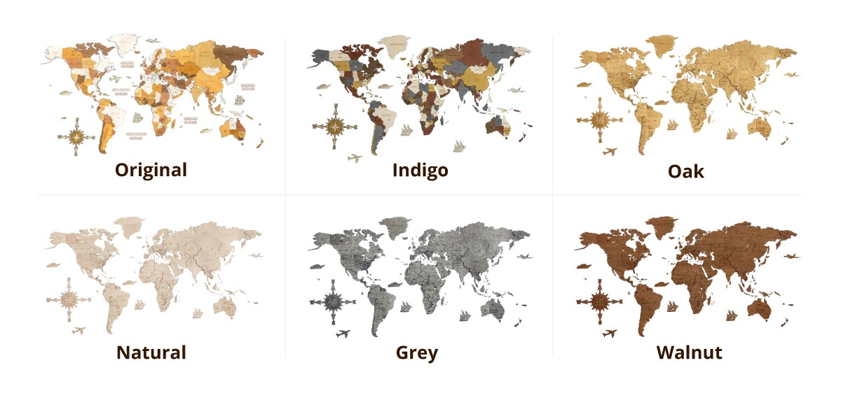 壁に貼る世界地図 木製 マルチカラー